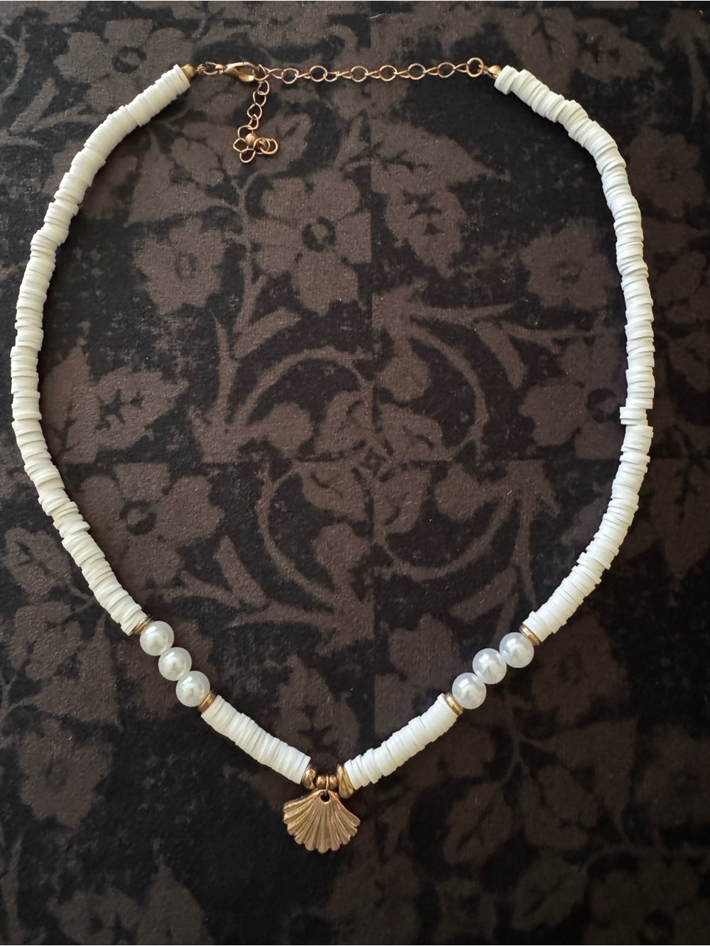 White Shell Bead Necklace with Gold Shell Charm